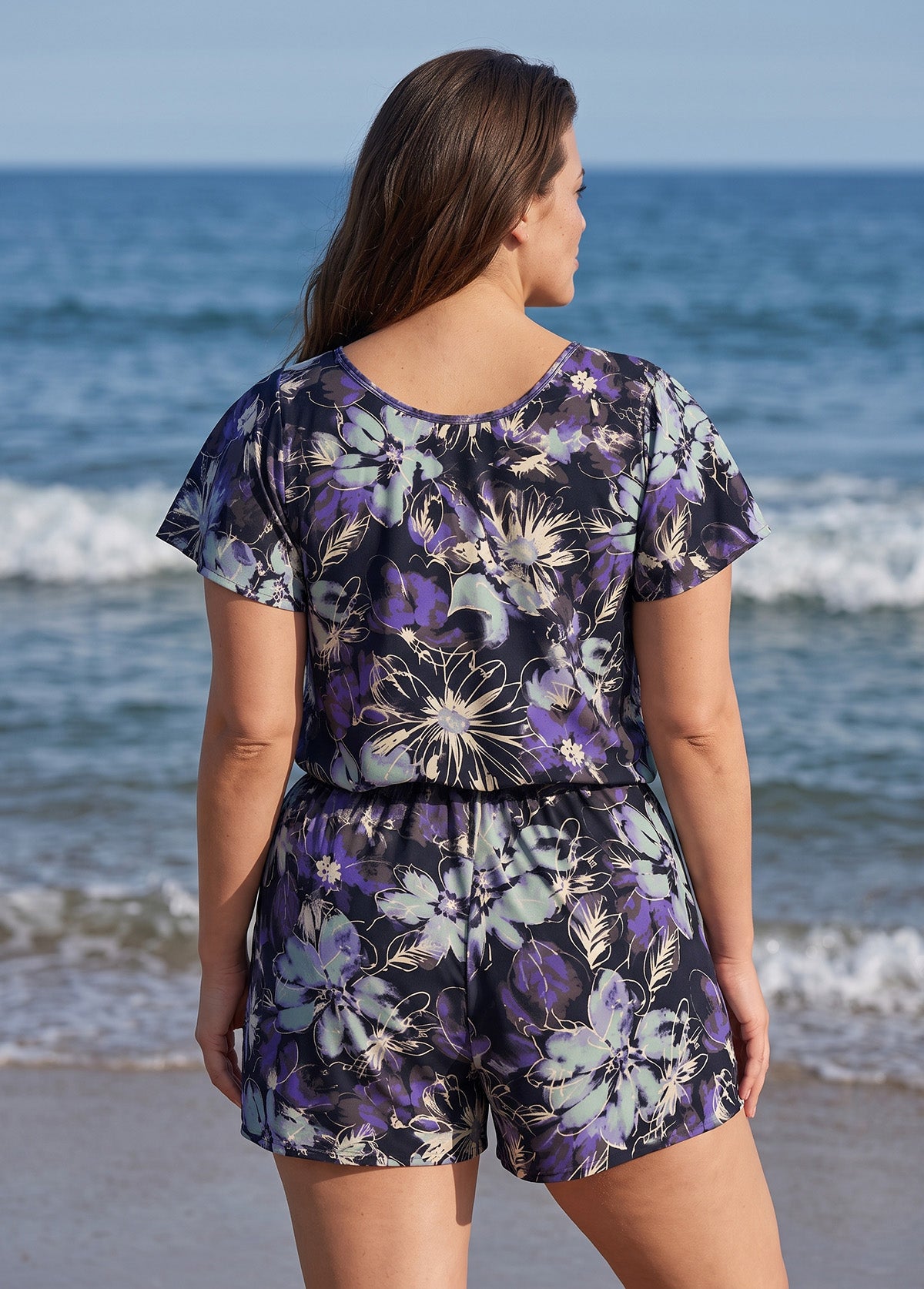 Curvy Black Floral Print UPF50+ Short Sleeves Vintage Pocket Women's One Piece Swim Romper