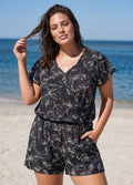 Black Floral Print UPF50+ Short Sleeves Modest Pocket Plus Size One Piece Swim Romper