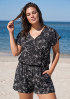 Black Floral Print UPF50+ Short Sleeves Modest Pocket Plus Size One Piece Swim Romper