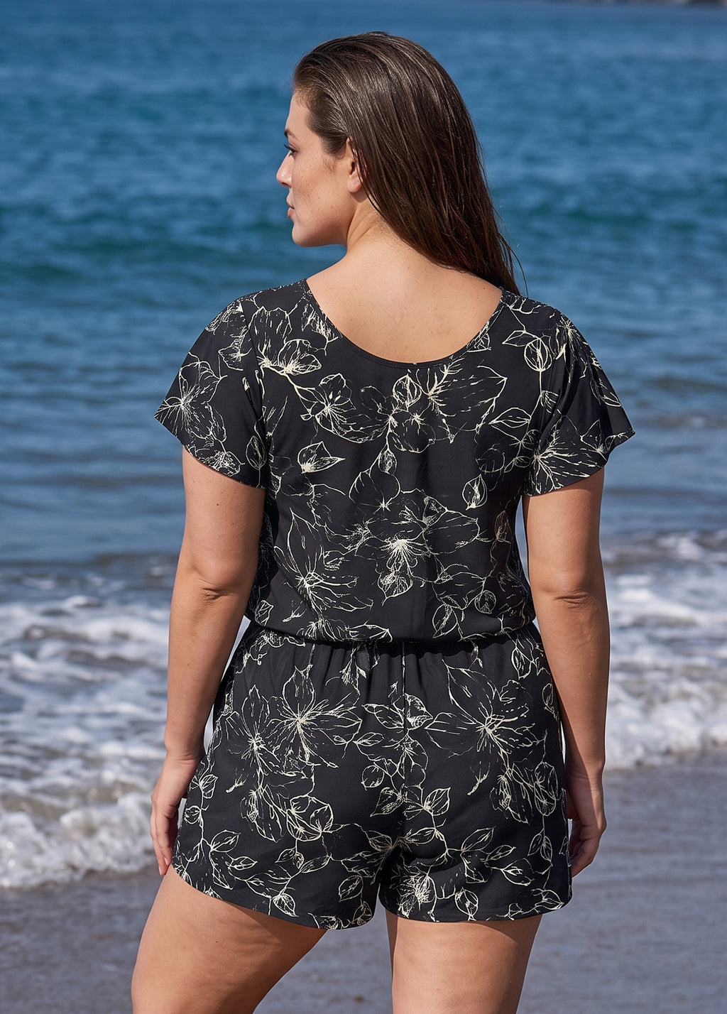 Black Floral Print UPF50+ Short Sleeves Modest Pocket Plus Size One Piece Swim Romper