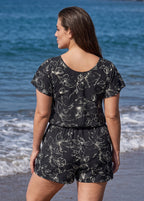 Black Floral Print UPF50+ Short Sleeves Modest Pocket Plus Size One Piece Swim Romper