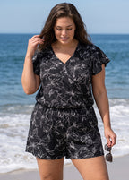 Black Floral Print UPF50+ Short Sleeves Modest Pocket Plus Size One Piece Swim Romper