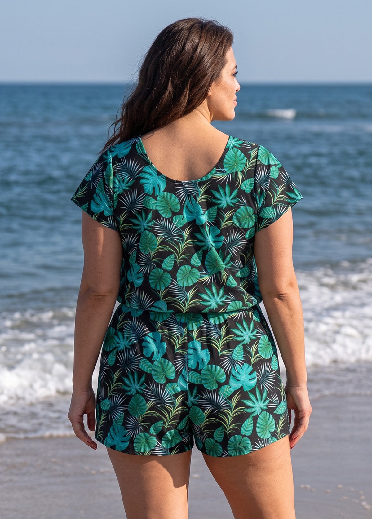 Black Tropical Leaf Print UPF50+ Short Sleeves Flattering Pocket Curvy One Piece Swim Romper