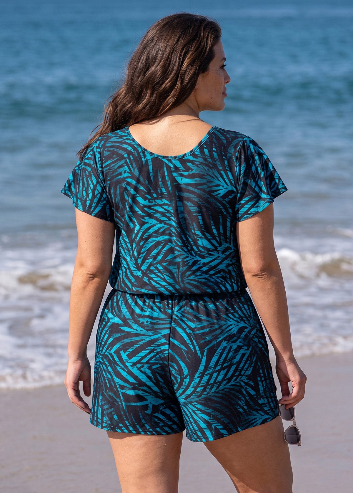 Plus Size Teal Leaf Print UPF50+ Short Sleeves Vintage Pocket One Piece Swim Romper