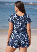 Curvy Navy Floral Print UPF50+ Short Sleeves Modest Pocket Women's One Piece Swim Romper