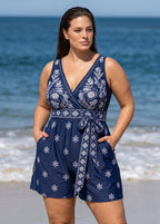 Navy Paisley Print Sleeveless Flattering Wrap Pocket Plus Size Women's One Piece Swim Romper