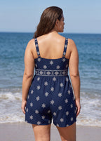Navy Paisley Print Sleeveless Flattering Wrap Pocket Plus Size Women's One Piece Swim Romper