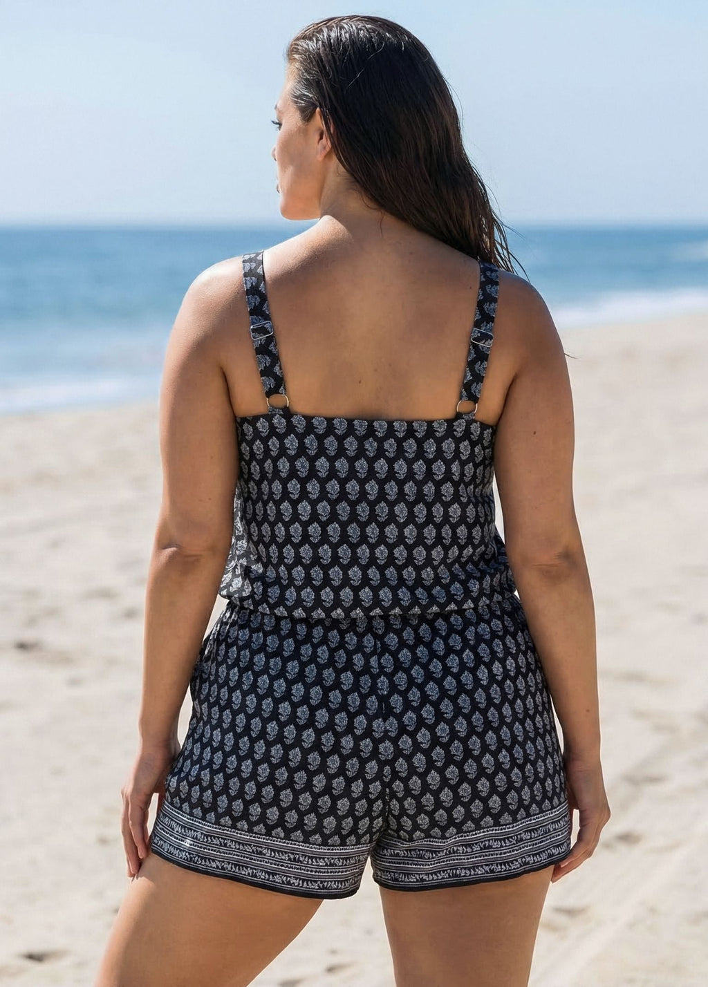 Plus Size Black And White Floral Scoop Neck Wide Straps Pocket Swimsuit One Piece Swim Romper
