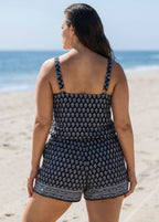 Plus Size Black And White Floral Scoop Neck Wide Straps Pocket Swimsuit One Piece Swim Romper