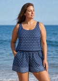 Blue Geometric Pattern Scoop Neck Vintage Wide Straps Pocket Curvy Swimsuit One Piece Swim Romper