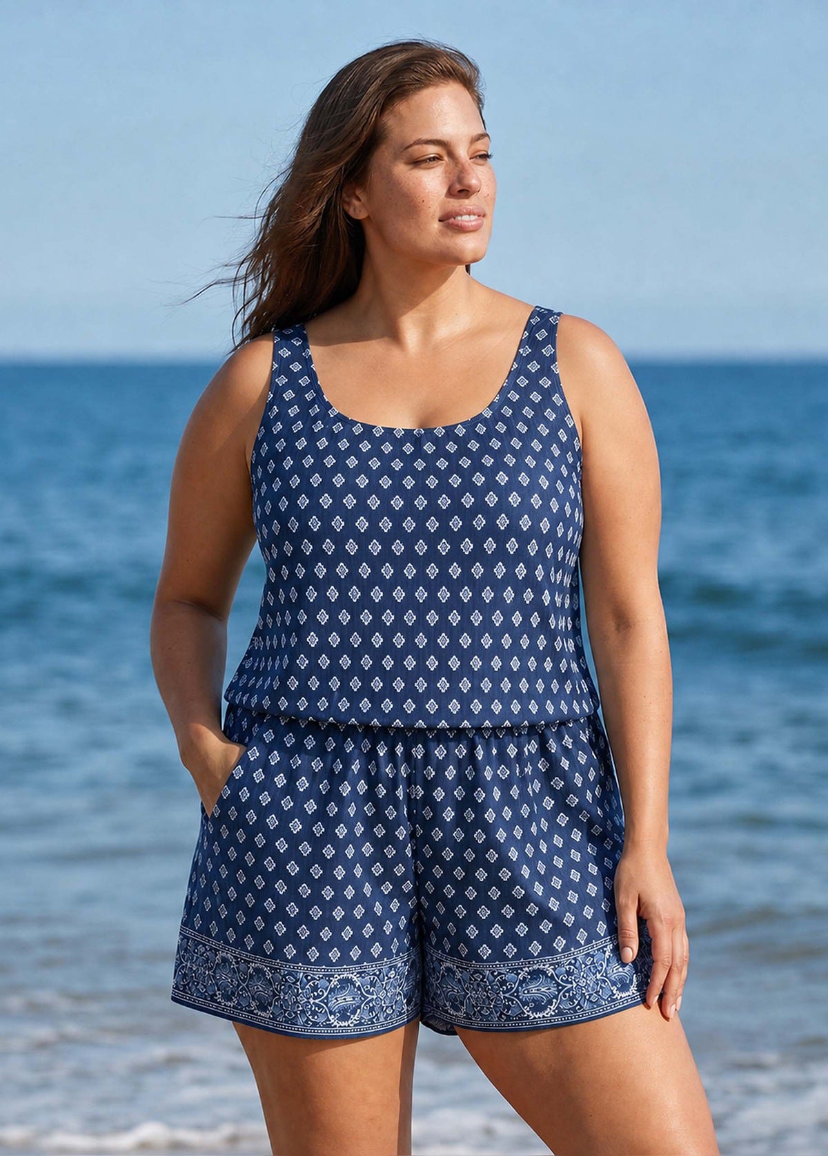 Blue Geometric Pattern Scoop Neck Vintage Wide Straps Pocket Curvy Swimsuit One Piece Swim Romper