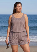 Plus Size Brown Geometric Pattern Scoop Neck Modest Wide Straps Pocket One Piece Swim Romper