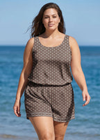 Plus Size Brown Geometric Pattern Scoop Neck Modest Wide Straps Pocket One Piece Swim Romper