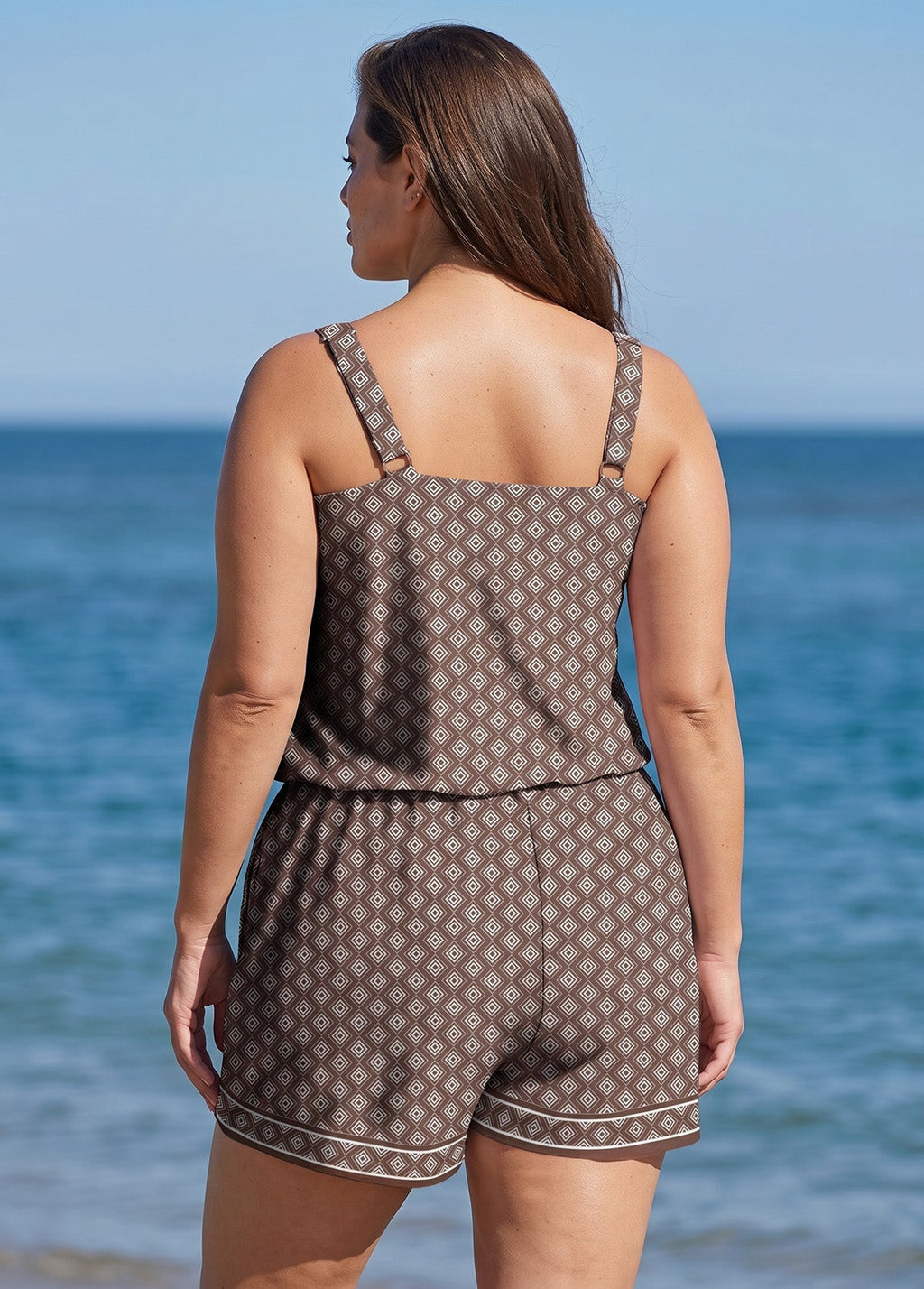 Plus Size Brown Geometric Pattern Scoop Neck Modest Wide Straps Pocket One Piece Swim Romper