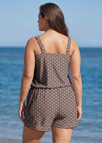 Plus Size Brown Geometric Pattern Scoop Neck Modest Wide Straps Pocket One Piece Swim Romper