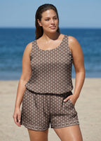 Plus Size Brown Geometric Pattern Scoop Neck Modest Wide Straps Pocket One Piece Swim Romper
