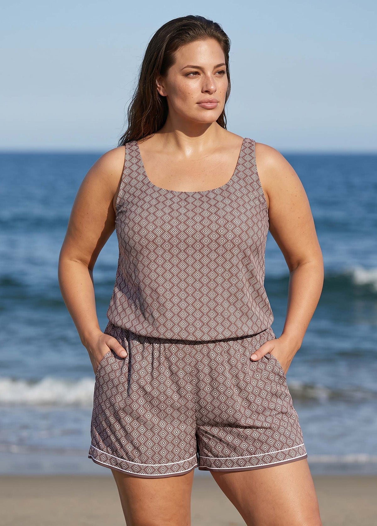 Plus Size Brown Geometric Pattern Scoop Neck Modest Wide Straps Pocket One Piece Swim Romper
