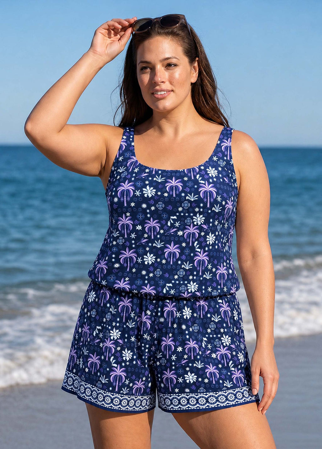 Purple Palm Print Scoop Neck Flattering Wide Straps Pocket Plus Size One Piece Swim Romper