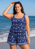 Purple Palm Print Scoop Neck Flattering Wide Straps Pocket Plus Size One Piece Swim Romper