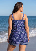 Purple Palm Print Scoop Neck Flattering Wide Straps Pocket Plus Size One Piece Swim Romper