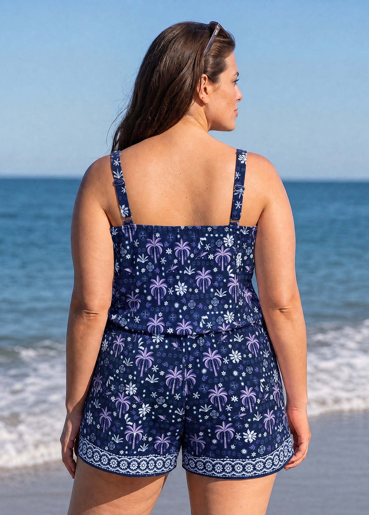 Purple Palm Print Scoop Neck Flattering Wide Straps Pocket Plus Size One Piece Swim Romper