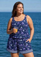 Purple Palm Print Scoop Neck Flattering Wide Straps Pocket Plus Size One Piece Swim Romper