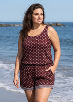 Plus Size Burgundy Geometric Print Scoop Neck Vintage Wide Straps Pocket One Piece Swim Romper