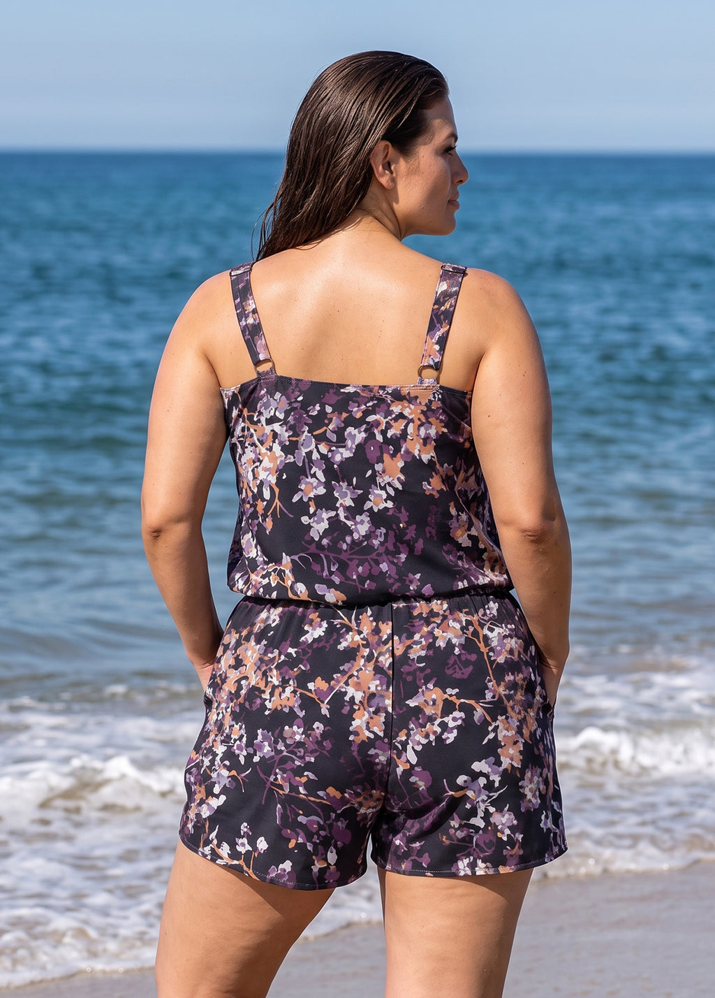Curvy Black Floral Print Scoop Neck Vintage Wide Straps Pocket One Piece Swim Romper