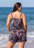 Curvy Black Floral Print Scoop Neck Vintage Wide Straps Pocket One Piece Swim Romper