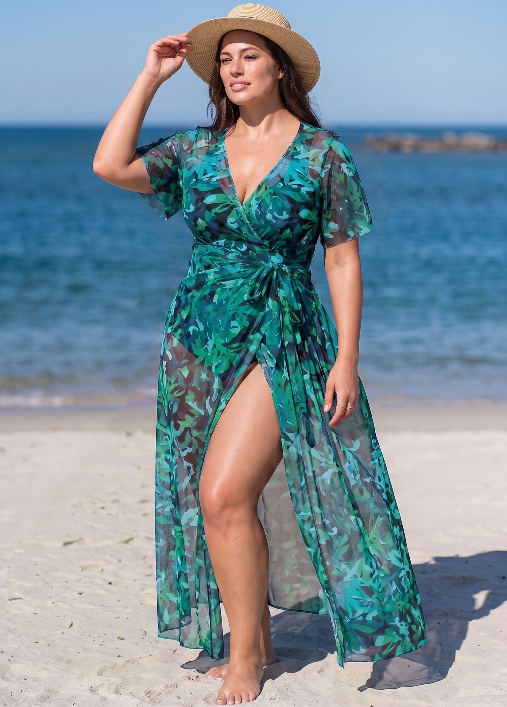 Green Leaf Short Sleeve Wrap Curvy One Piece Swimsuit with High Slit Sarong Skirt Set