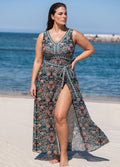 Green Vintage Floral Sleeveless Wrap One Piece Swimsuit with High Slit Sarong Skirt Set