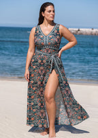 Green Vintage Floral Sleeveless Wrap One Piece Swimsuit with High Slit Sarong Skirt Set