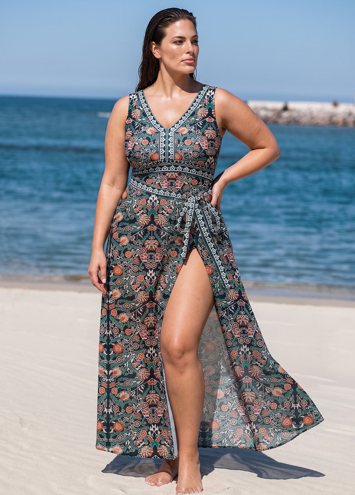 Green Vintage Floral Sleeveless Wrap One Piece Swimsuit with High Slit Sarong Skirt Set