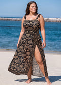 Black Palm Print Tie Shoulder One Piece Swimsuit with High Slit Sarong Skirt Set