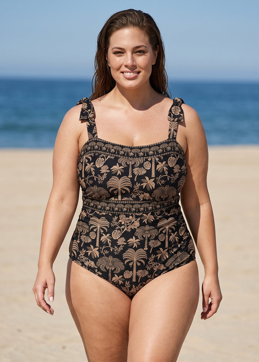 Black Palm Print Tie Shoulder One Piece Swimsuit with High Slit Sarong Skirt Set