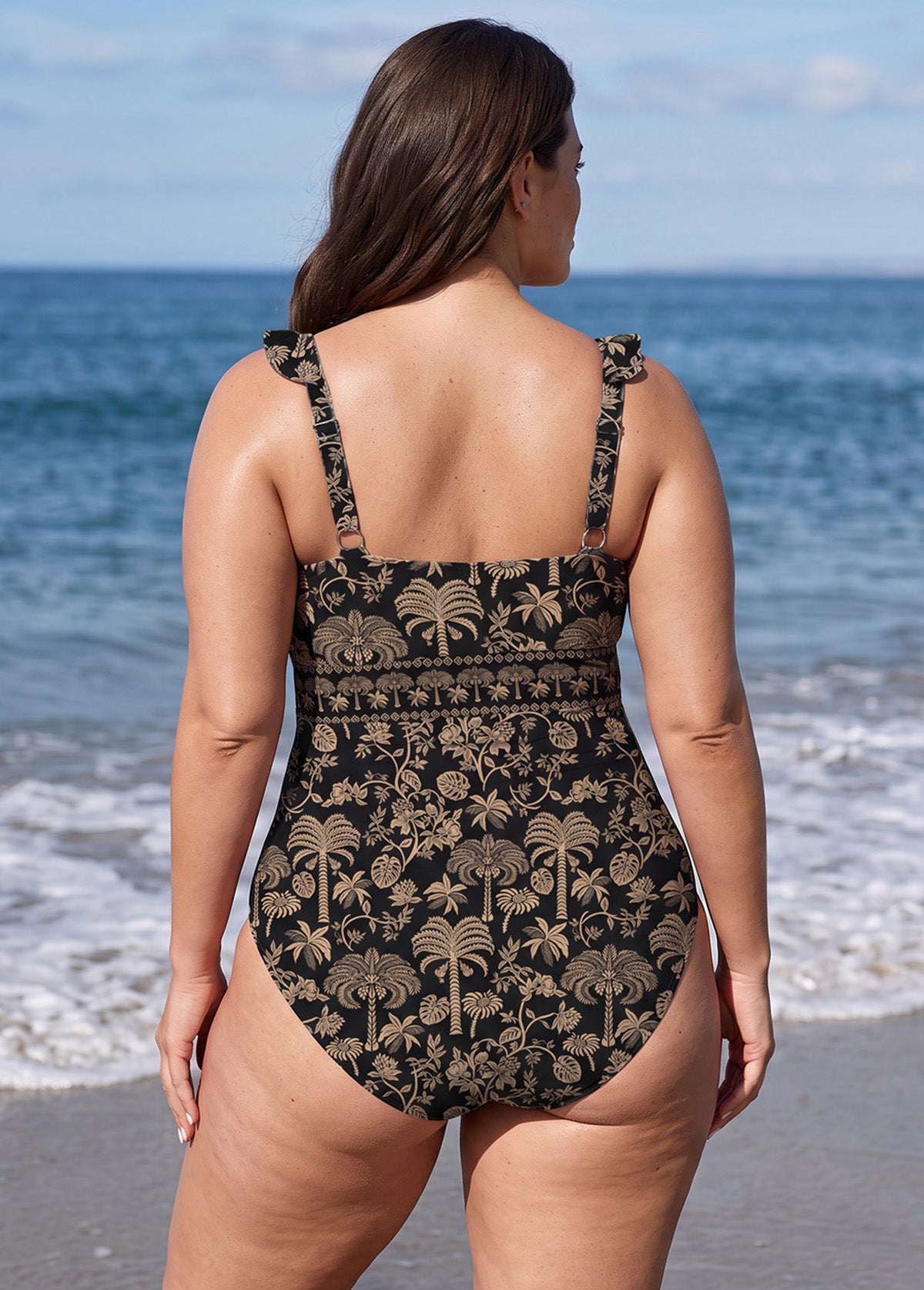 Black Palm Print Tie Shoulder One Piece Swimsuit with High Slit Sarong Skirt Set