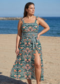 Green Vintage Floral Tie Shoulder One Piece Swimsuit with High Slit Sarong Skirt Set