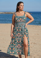 Green Vintage Floral Tie Shoulder One Piece Swimsuit with High Slit Sarong Skirt Set