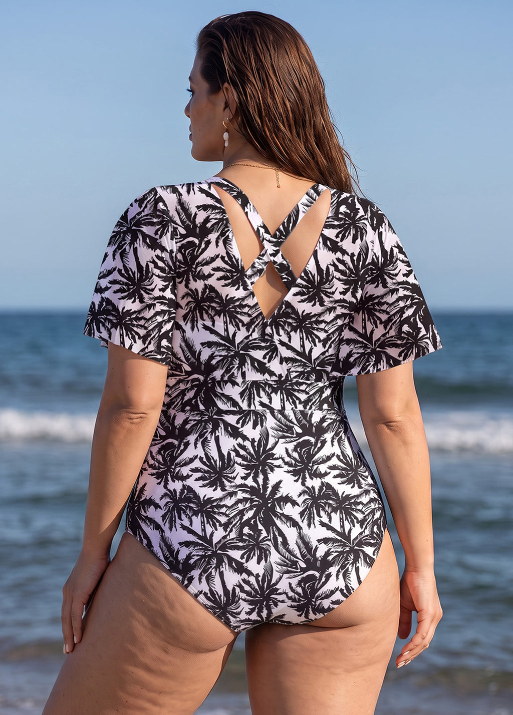 Black Palm Print Wrap Front Short Sleeves One Piece Swimsuit with Sarong Skirt Set