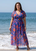 Blue Floral Print Wrap Front Short Sleeves Plus Size One Piece Swimsuit With Sarong Skirt Set