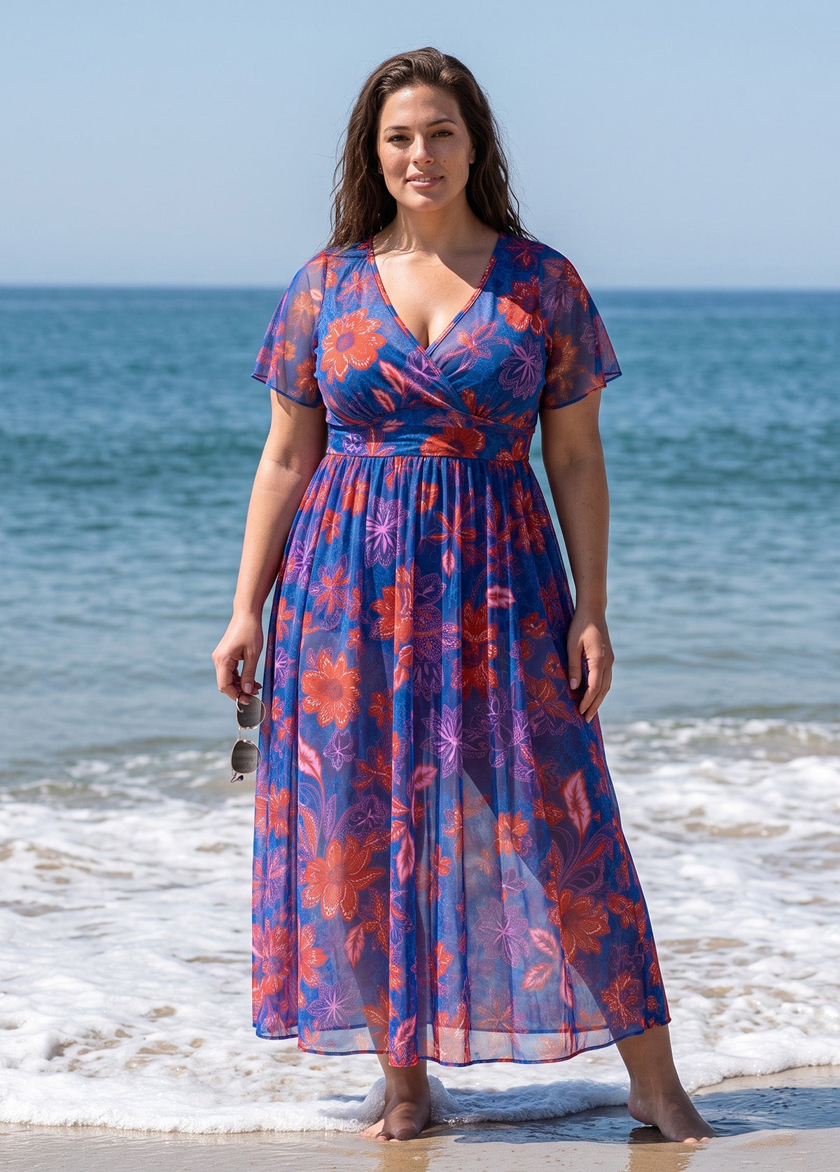 Blue Floral Print Wrap Front Short Sleeves Plus Size One Piece Swimsuit With Sarong Skirt Set