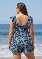 White Leaf Print UPF50+ Short Sleeves Flattering Pocket Curvy Women's One Piece Swim Romper