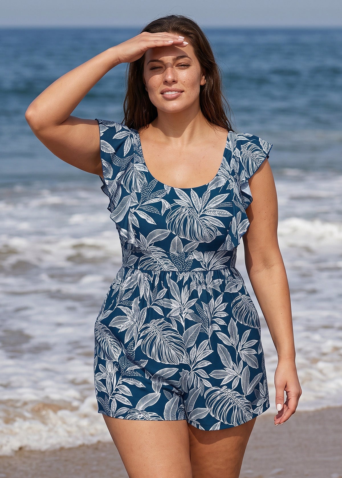 White Leaf Print UPF50+ Short Sleeves Flattering Pocket Curvy Women's One Piece Swim Romper