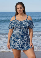 White Leaf Print Off The Shoulder Modest Curvy Women's Swimsuit One Piece Swimdress