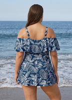 White Leaf Print Off The Shoulder Modest Curvy Women's Swimsuit One Piece Swimdress