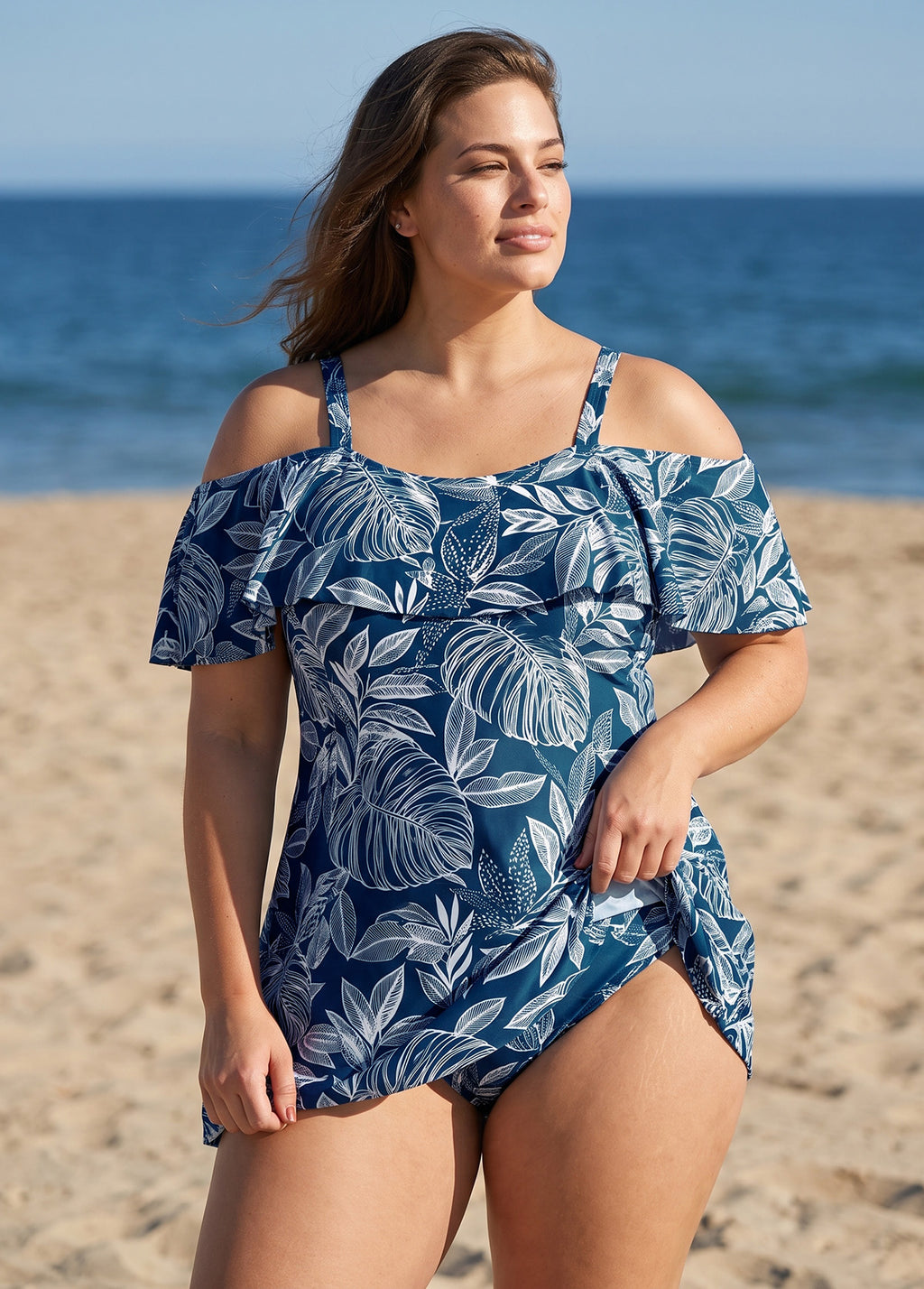 White Leaf Print Off The Shoulder Modest Curvy Women's Swimsuit One Piece Swimdress