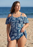White Leaf Print Off The Shoulder Modest Curvy Women's Swimsuit One Piece Swimdress