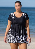 Black Floral Short Sleeves Modest Padded Curvy Women's Swimsuit Swimdress Top