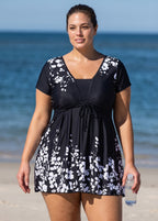 Black Floral Short Sleeves Modest Padded Curvy Women's Swimsuit Swimdress Top
