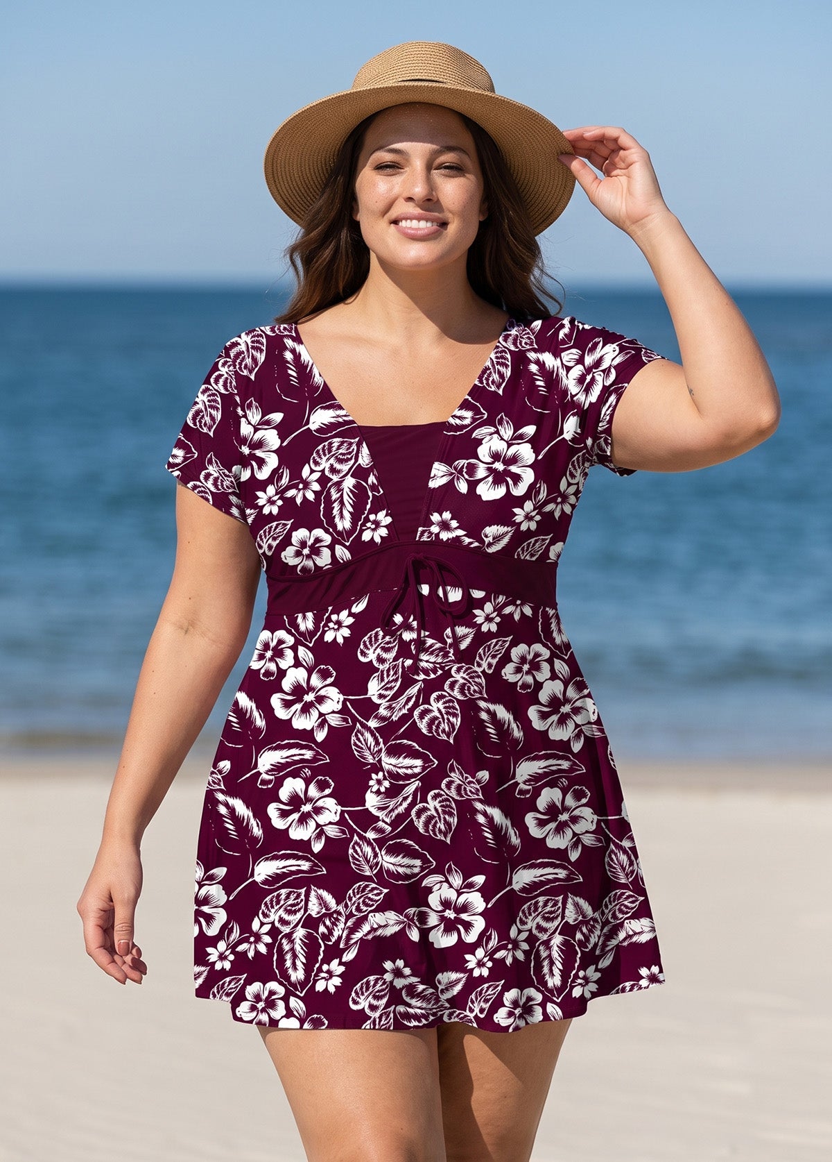 Red Floral UPF50+ Short Sleeves Vintage Padded Plus Size Women's Swimsuit Swimdress Top